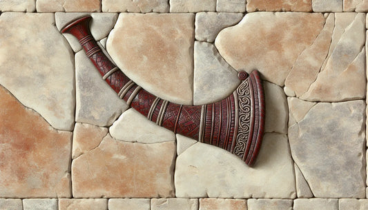 Fragment of a carved Viking horn in dark brick red on pale stone in antique relief style