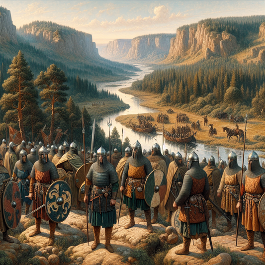 Visigothic warriors in traditional armor standing on a northern European landscape featuring dense forests and rivers, shown with authentic Germanic cultural weapons and attire, rendered in a cinematic 1960s historical painting style.
