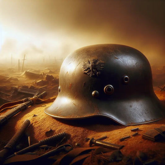 A historically accurate German World War II Stahlhelm helmet resting on a smoke-hazed battlefield with worn textures and muted earth tones, evoking resilience and authenticity.