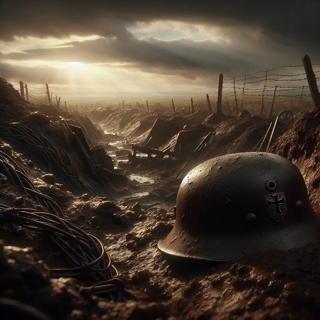 Close-up painting of a German WWI Stahlhelm resting in a muddy trench with barbed wire, evoking the grim atmosphere of the battlefield, in the style of 1960s historical epics.