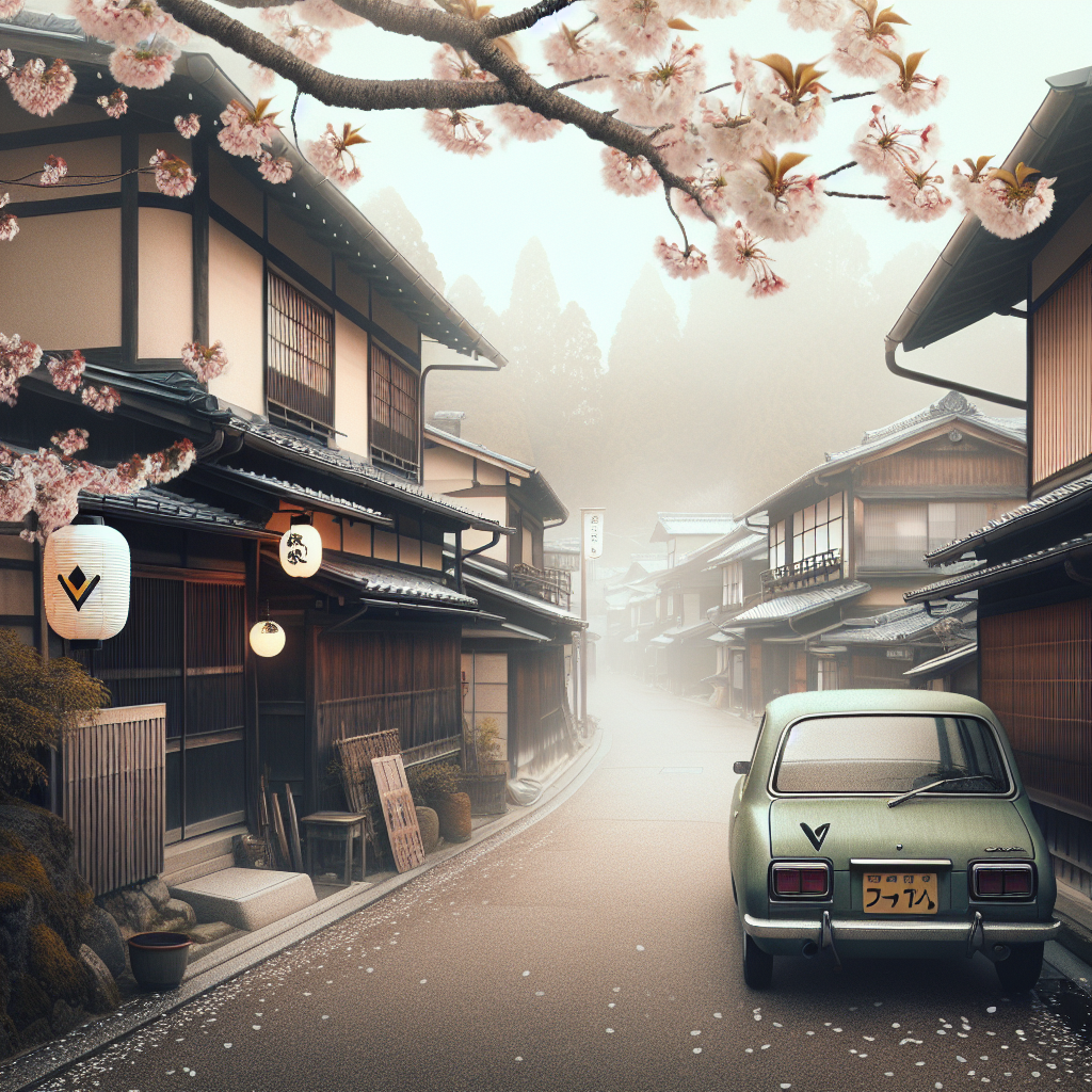 A quiet Japanese street scene with a car displaying a green and yellow Wakaba mark on its rear window, surrounded by cherry blossoms and traditional paper lanterns — minimalist and serene.