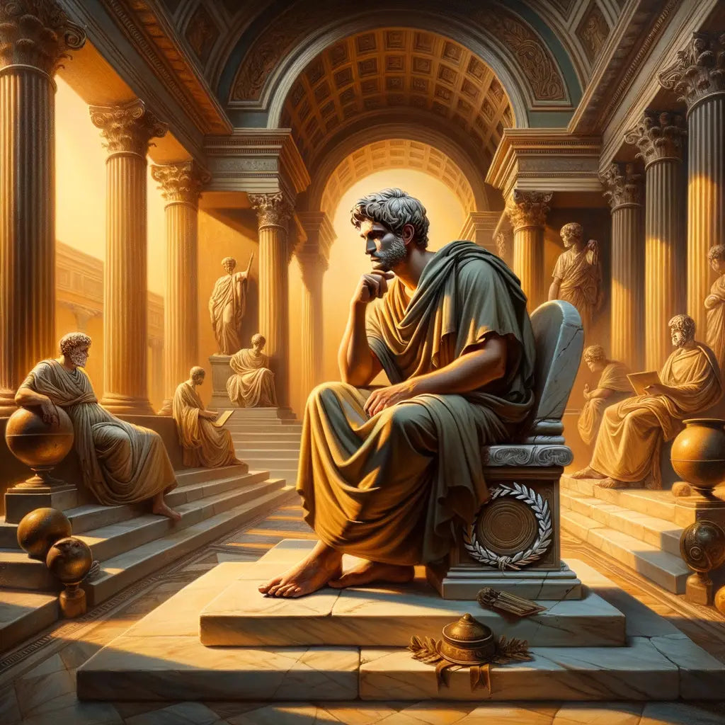 Marcus Aurelius in a thoughtful pose on a marble bench, surrounded by Roman symbols, evoking a 1960s epic historical film style.