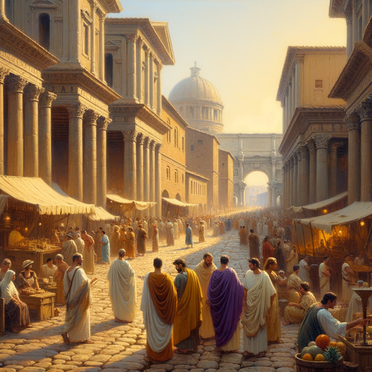Ancient Romans in colorful togas on a bustling Roman street, set against a backdrop of classical architecture, inspired by 1960s historical epics.