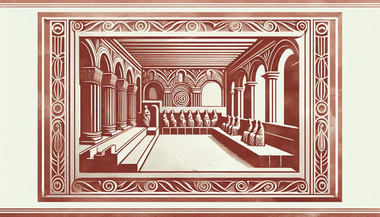 Steinrelief eines westgotischen gerichtssaals mit roemischen und germanischen architekturelementen im Signum Stil