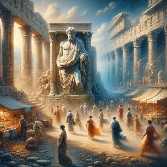 Ancient Greek philosopher statue amidst chaotic ancient city, inspired by 1960s historical films.