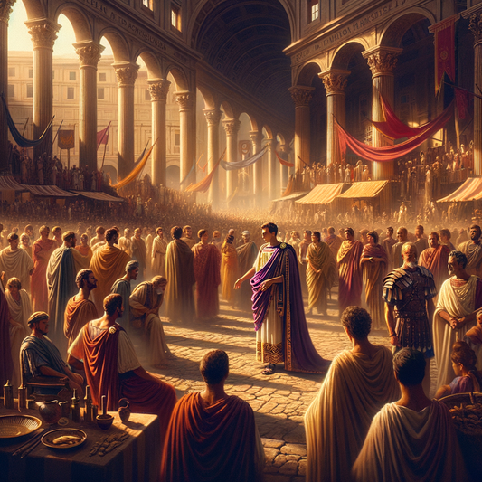 Julius Caesar in a toga praetexta stands in a vibrant Roman marketplace, surrounded by citizens in varied attires, with colorful textures highlighted, inspired by classic 1960s historical films.