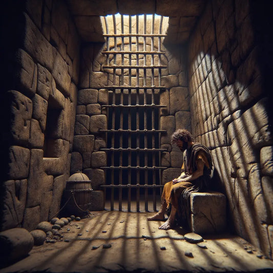 Ancient Roman prison cell with iron bars and stone walls, dimly lit, showing a captive in contemplative solitude, styled like a 1960s historical film.