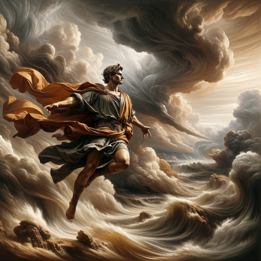 A heroic Roman figure stands stoically amidst a dramatic storm, embodying calmness within chaos, styled like a 1960s historical epic painting.