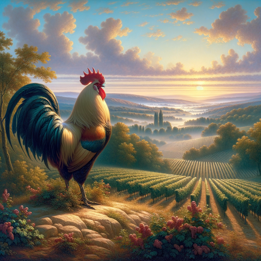 A proud Gallic rooster stands in the dawn light of the French countryside, vineyards in the background.
