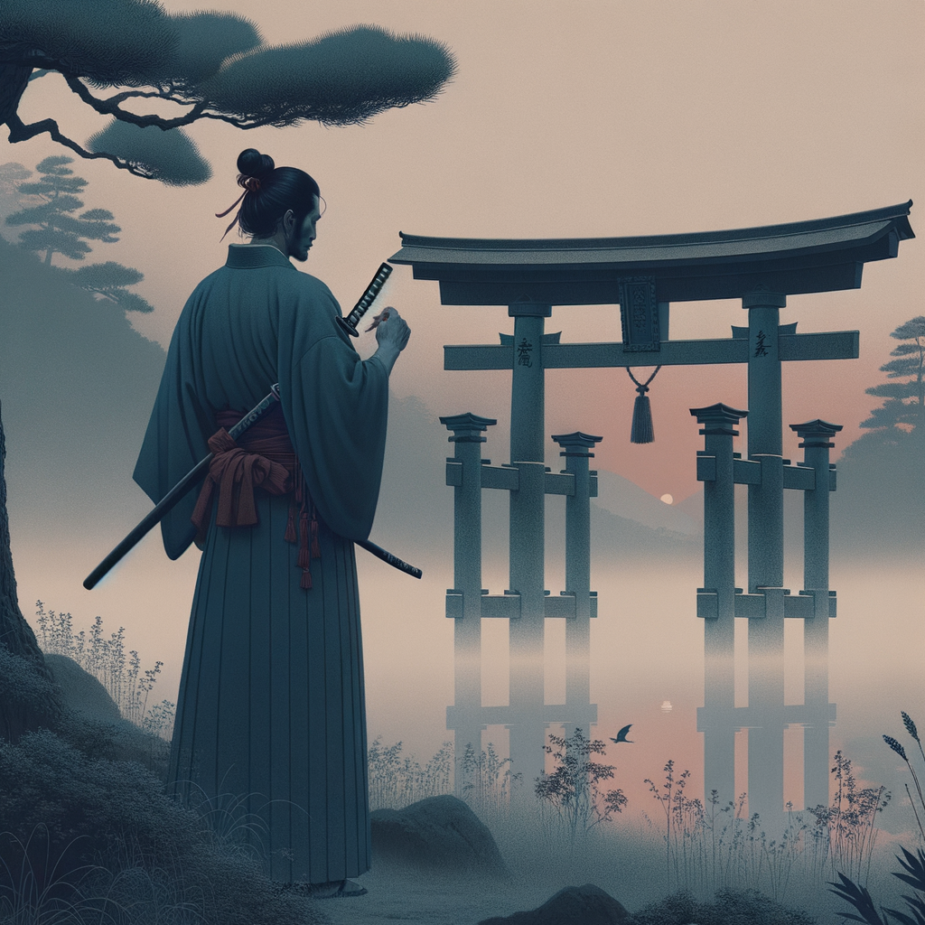 Ein einsamer Samurai neben einem schlichten Torii-Tor im morgendlichen Nebel, in ruhigen, natürlichen Farben und minimalistischem japanischen Stil.