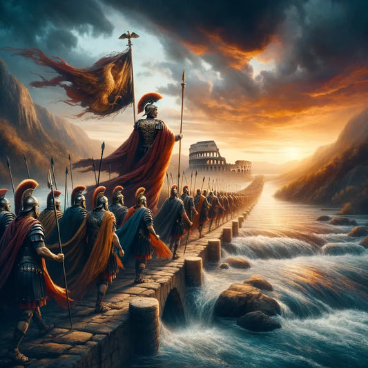 Julius Caesar crossing the Rubicon River with his army, depicting a pivotal moment in Roman history.