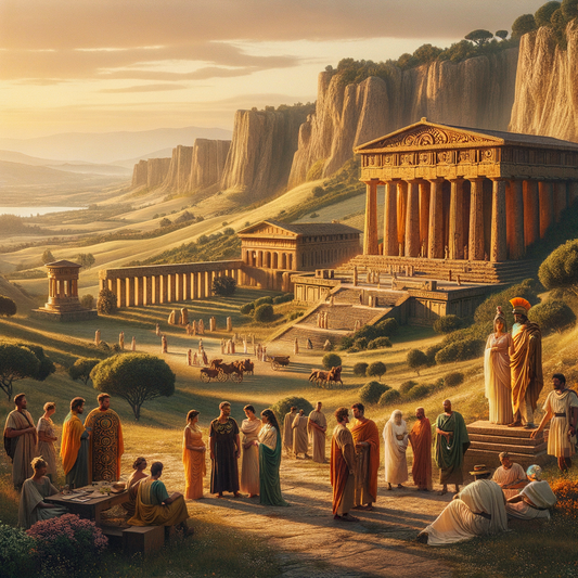 A cinematic painting of ancient Italy's landscape with Etruscan and Greek influences, featuring a temple and amphitheater symbolizing pre-Roman cultural synthesis.