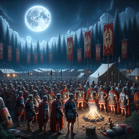 Roman military camp at night, with soldiers in armor standing vigil under moonlight and banners fluttering gently, inspired by classic 1960s historical films.
