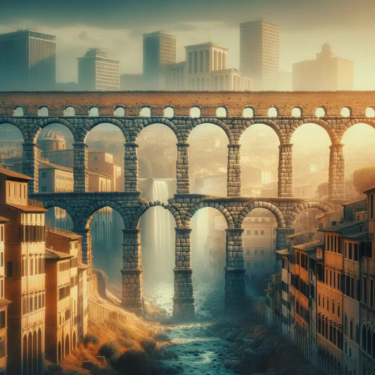 Ancient Roman aqueduct arches seamlessly integrated into a modern cityscape, illustrating enduring Roman engineering influence in a 1960s epic film style.