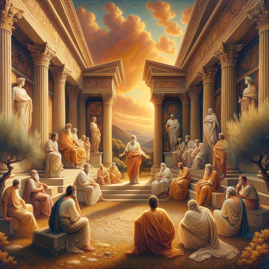 Ancient Greek philosophers in an open-air setting, teaching emotional regulation, surrounded by classical architecture and landscapes, inspired by 1960s historical epic films.