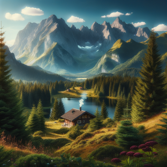 A tranquil mountain landscape with a lake and colorful wildflowers.