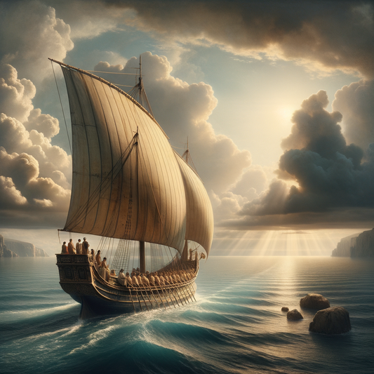 A lone Roman trireme sails peacefully on a calm ocean under a partly cloudy sky, embodying navigation and Stoic wisdom in a style reminiscent of 1960s historic films.