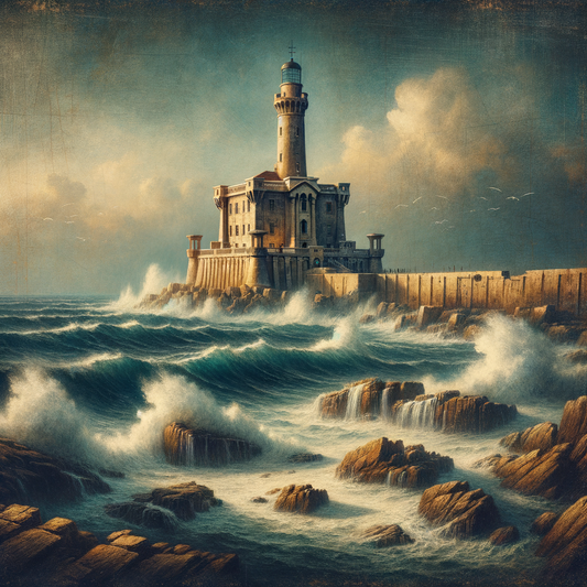 Ancient lighthouse on a rocky shore with turbulent waves below and a serene sky, styled like a 1960s historical epic film.