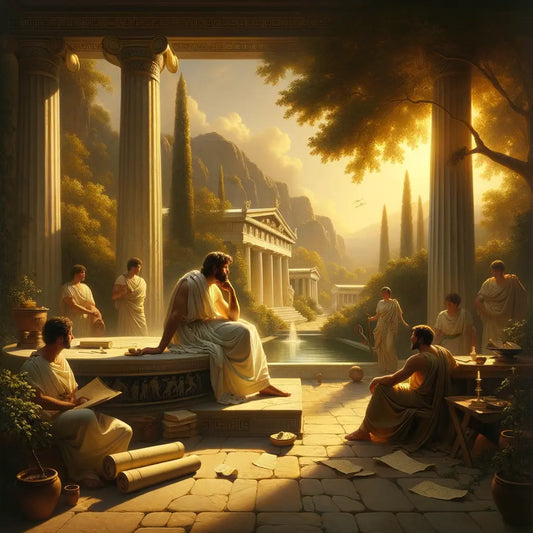 A seated philosopher deep in thought in an ancient Greek courtyard, surrounded by marble columns and greenery, inspired by 1960s historical epics.