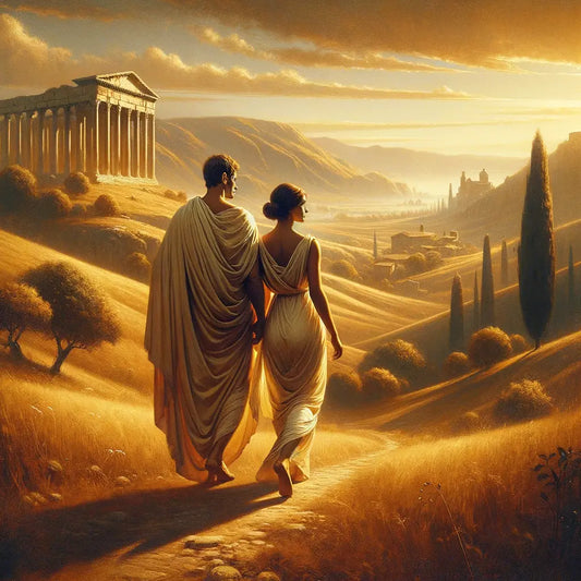 A serene Roman landscape with a couple walking harmoniously, embodying Stoic love, in the style of 1960s historical epics.
