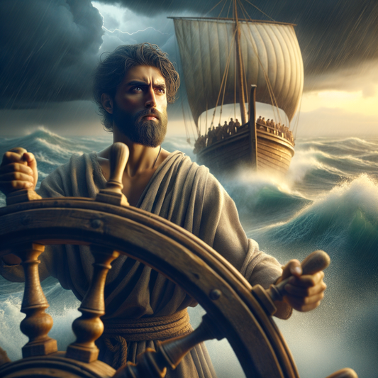 Roman sailor steering a ship through a stormy sea, embodying Stoic tranquility.