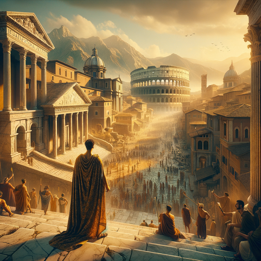A cinematic painting of ancient Rome at its zenith, showing grand architecture and bustling streets filled with citizens and merchants, inspired by 1960s historical epics.