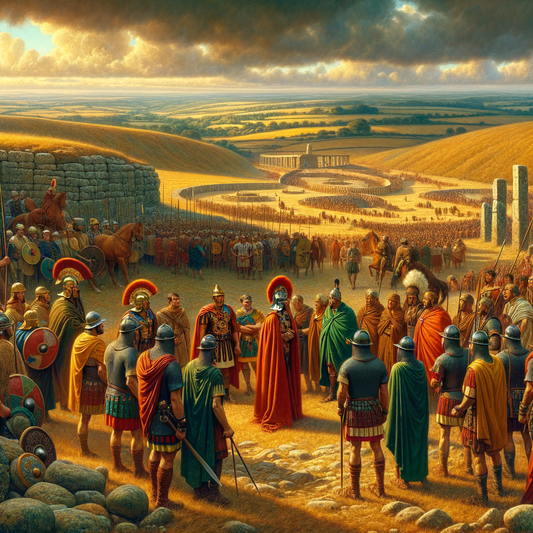 Celtic tribesmen and Roman soldiers meet on a Britannia hillside, showcasing cultural exchange in a style reminiscent of 60s historical epics.