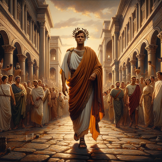 Julius Caesar walking among diverse ancient Roman citizens, framed by grand architecture, in the style of 1960s historical films.