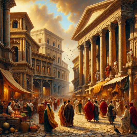 Ancient Roman street filled with diverse people engaged in trade, set against a backdrop of classic Roman architecture, inspired by 1960s historical epic films.