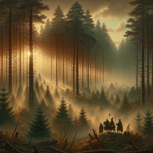 Dramatic scene of Teutoburg Forest at sunrise with shadowy warriors hidden among the trees, reminiscent of the Roman military defeat and evocative of 1960s epic film style.
