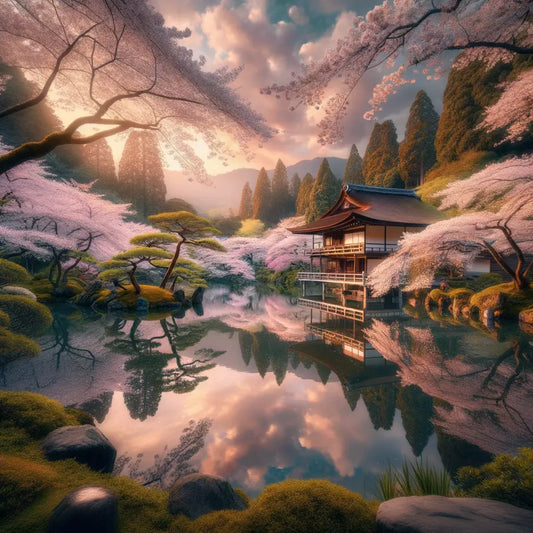 A peaceful depiction of a Japanese garden in spring with blooming cherry blossoms and a reflecting pond.
