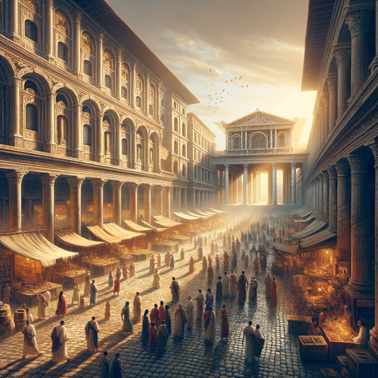 A cinematic portrayal of Trajan's Market in ancient Rome, showcasing its multi-level structures and bustling marketplace activities, inspired by 1960s historical epics.