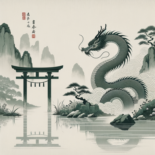 Ein traditionell stilisiertes, minimalistisches Bild eines japanischen Drachens in einer friedlichen, nebligen Landschaft mit einem kleinen Torii-Tor und sanftem Bach.