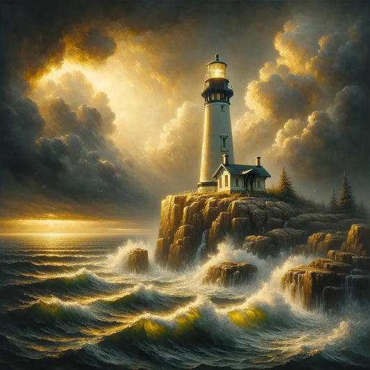 A robust lighthouse standing against a stormy sea with crashing waves.