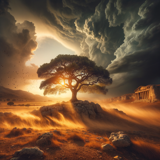 A strong tree standing unyielding amidst strong winds in an ancient Roman landscape, capturing the theme of resilience, inspired by the aesthetic of 1960s historical epic films.