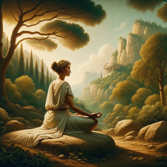 Introspective Roman woman meditating in a serene landscape, wearing a white toga, with golden sunlight filtering through trees, inspired by 1960s historical epics.