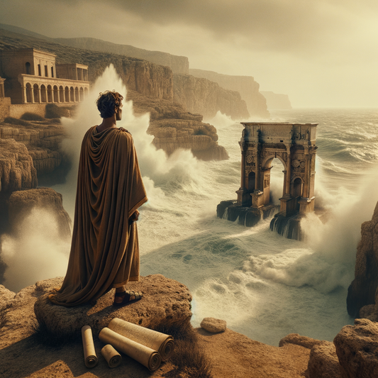 Marcus Aurelius stands contemplatively on a rocky Roman coastline, looking over a turbulent sea, symbolizing stoic calm control in a dramatic cinematic style.