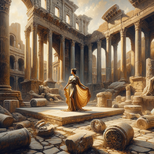 A Roman woman in a stola and palla stands gracefully amidst ancient Roman ruins, embodying the elegance and history of Roman fashion in a cinematic, painterly style.