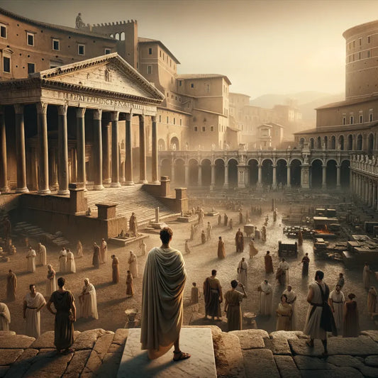 Panoramic view of ancient Rome with Marcus Aurelius in calm amidst the bustling forum, inspired by 1960s historical epics.