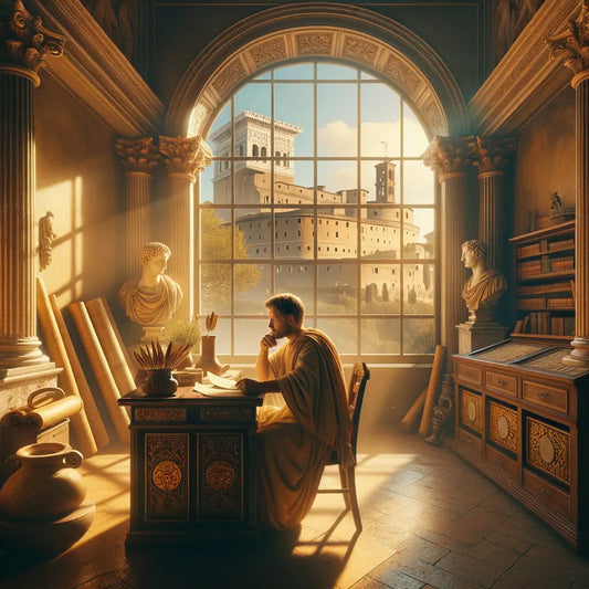 Marcus Aurelius in a Roman study, with scrolls and a view of Capitoline Hill, in a style inspired by 1960s historical films.