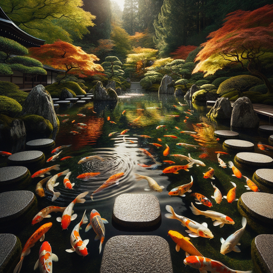 A serene koi pond surrounded by carefully arranged stones and lush greenery in a traditional Japanese Zen garden.
