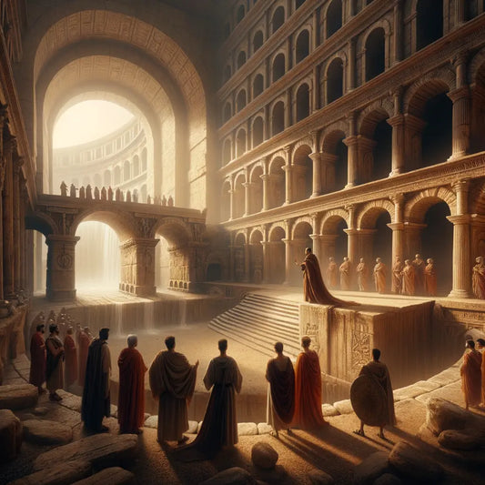 Mamertine Prison linked to Cloaca Maxima in a Roman historical epic style, showcasing justice system architecture.