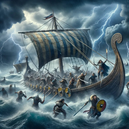 A Viking longship in a storm, warriors ready for battle.