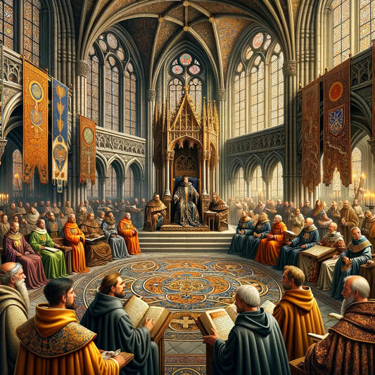Ninth-century Frankish court scene featuring Charles the Bald, surrounded by scholars and nobles in a grand Gothic hall, reminiscent of 1960s epic film style.