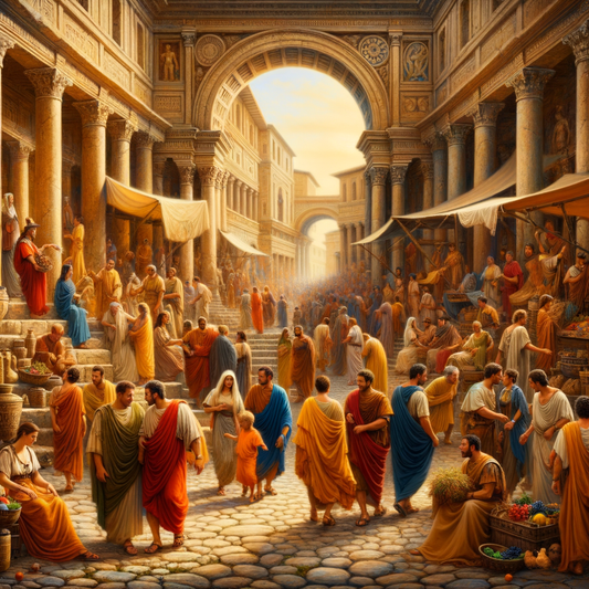 Bustling ancient Roman street scene with citizens in colorful tunicas, inspired by 1960s historical film style.