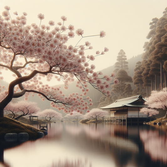 A peaceful Japanese scene with cherry blossoms and a traditional tea house.