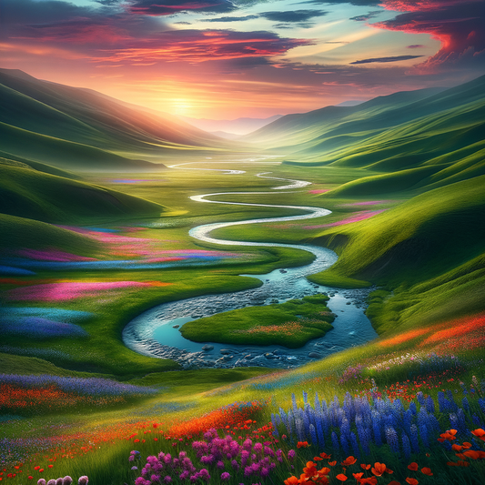 A picturesque view of a green valley at sunset, with a river and wildflowers.