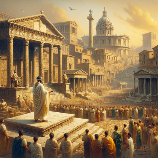 Augustus Caesar addressing Roman citizens in the forum, surrounded by architecture symbolizing the peace and prosperity of the Roman Empire, in a 1960s epic film style.