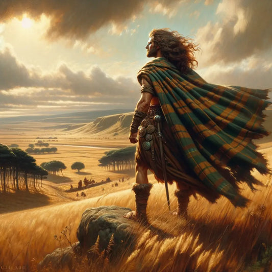 Gaul warrior with flowing hair and intricate plaid attire standing confidently on an ancient European plain, styled after 1960s historical epic films.