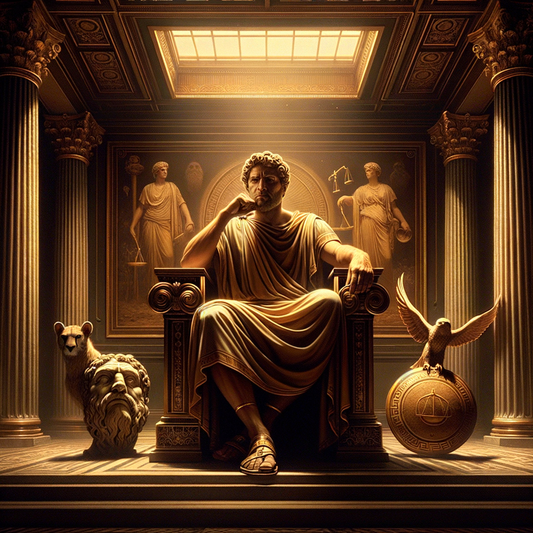 Marcus Aurelius seated in royal attire, surrounded by symbols of Stoic virtues, in a cinematic painting style reminiscent of 1960s historical films.